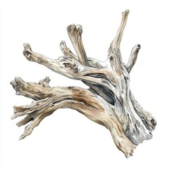 Beautiful watercolor artwork showcases driftwood with detailed textures, highlighting organic shapes and natural colors that evoke a serene coastal atmosphere