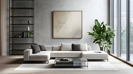 Modern Minimalistic Living Room with Neutral Tones and Sleek Furniture in a Light-Filled Space