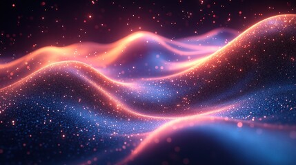 Abstract waves of shimmering particles illuminated by soft light in a surreal digital landscape
