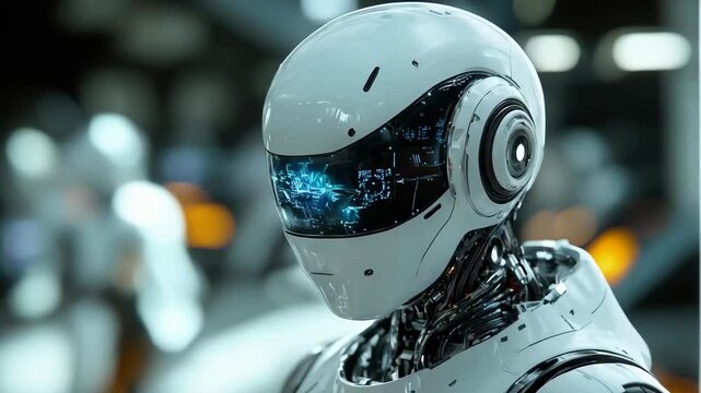 Animation artificial intelligence. Robot android is activated, moves its head, eyes and scans the environment.