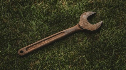 Rusty wrench on green grass.