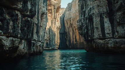 Ocean waves crash between rocky cliffs creating a dramatic seascape on a sunny day