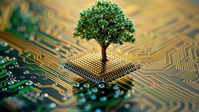 Green computing depicted as a tree sprouting at the convergence of a computer circuit board, Ai Generated