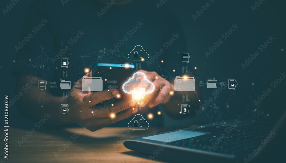 Leinwandbilder Document Management System (DMS). Database storage cloud technology file data transfer sharing. Businessman using smartphone and laptop for share data by cloud computing system. Backup information.