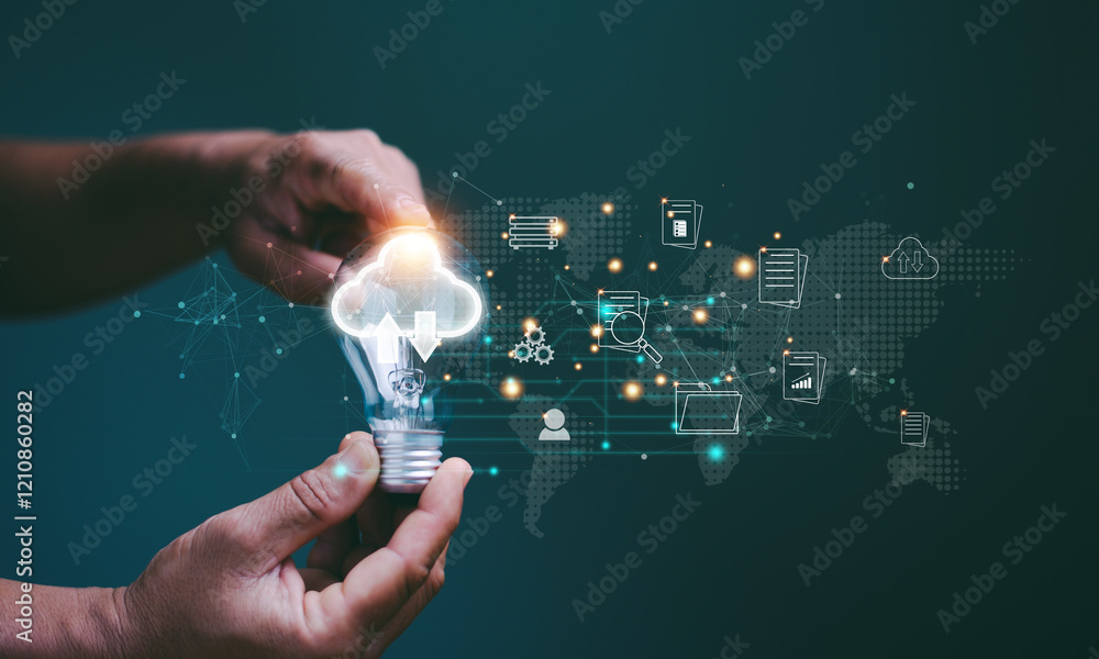 Aufkleber Businessman holding lightbulb with virtual cloud computing for online document management, Innovation technology, Knowledge, Global internet application. Big data storage connection.