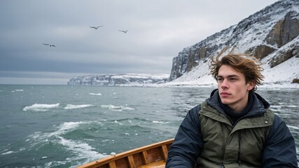 Fototapeta premium Man in a rowboat navigates icy waters surrounded by cliffs and flying birds on a chilly day