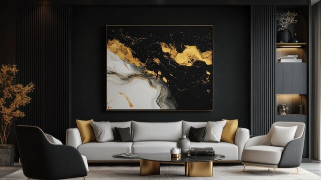 Luxury living room, gold art, black walls, modern decor, interior design