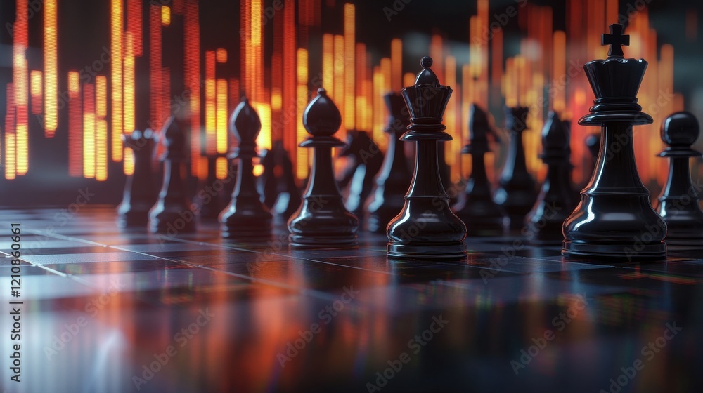Poster a chessboard with analytical graphs and charts in the background, representing the link between stra