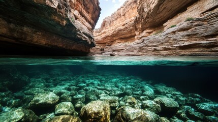 Ocean waves crash between rocky cliffs creating a dramatic seascape on a sunny day