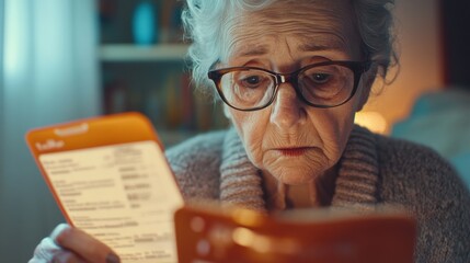 Senior woman checking prescription and dosage of medicine. Elderly lady reading medical instructions before taking medicine. Senior woman reading side effects list of drug and contraindications.