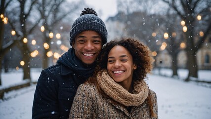 Joyful couple embraces in a snowy park filled with twinkling lights during winter festivities at dusk, showcasing love and warmth amid a chilly atmosphere