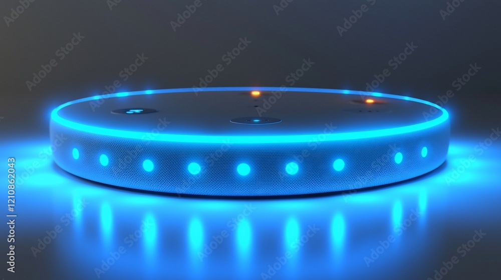 Poster Futuristic illuminated circular device on reflective surface.