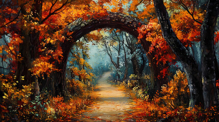 Autumn park, forest landscape with a tree arch over the path. Autumn Arch. Illustration