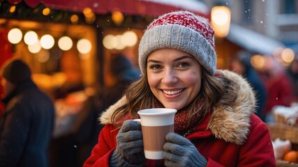 Woman enjoying a warm drink, wearing a red winter coat, in a festive market filled with lights and holiday decorations during the winter season