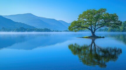 Solitary tree lake reflection misty sunrise mountains