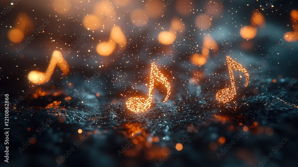 Poster sparkling musical notes on dark background with bokeh