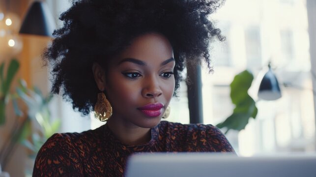 Business woman having virtual team meeting on video conference call using laptop computer. Social distance work from home office with diverse people group in remote online chat. Over shoulder view