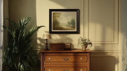 Vintage living room decor including a classic wooden commode, a plant composition, decorative items, and a mock up poster frame in black on a beige wall. Elegant interior design. Template. Generative