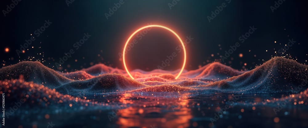 Poster dynamic abstract illustration with glowing circular light shape. energy particles, waves create futu