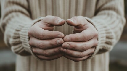 Close-up of cupped hands in a beige sweater.