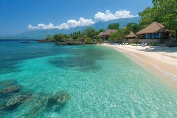 Fototapeta premium crystalclear waters lap gently at a pristine beach the sun glistening off the surface evoking a refreshing summer vibe surrounded by soft sands and a tranquil atmosphere
