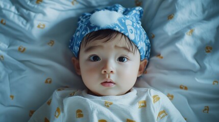 Sick asian baby lying on the bed with a cool jell at head for reducing temperature.