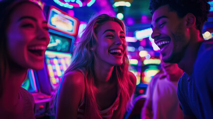 A diverse group of friends enjoying arcade games in retro-themed arcade casino, smiling and having fun, with neon lights and arcade machines in the background. casino arcade game concept