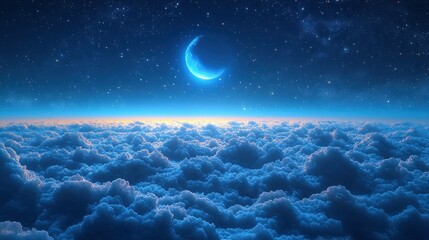 Starry night above clouds with crescent moon
