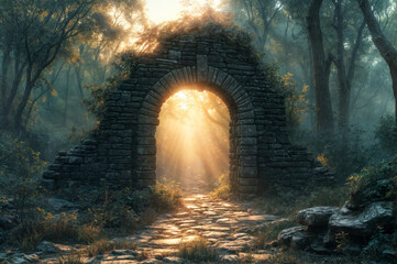 Fototapeta premium Mysterious stone archway illuminated by sunlight in a forest at dawn,tunnel in the forest