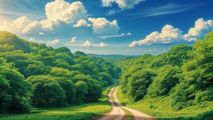 A serene and vibrant natural landscape unfolding with lush greenery, rolling hills, and a peaceful sky, evoking a sense of tranquility and harmony in the beauty of untouched nature