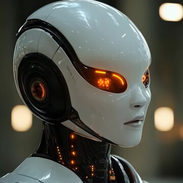 Beautiful Futuristic Android Woman & Control Room. Female Robot. Cyborg with AI. Artificial Intelligence, Science Fiction, Machine Learning