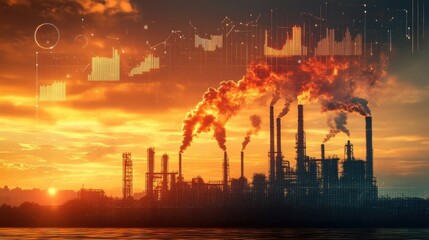 Smoke billowing from industrial chimneys pollutes the atmosphere at sunset, with superimposed economic graphs indicating a correlation between economic growth and environmental damage