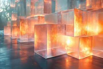 crystalline geometric composition with interlocking translucent prisms rose gold and mint green color palette soft volumetric lighting casting prismatic shadows architectural precision