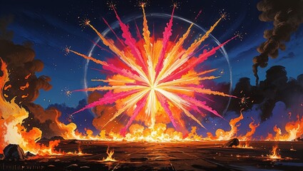 Fototapeta premium A vibrant and dynamic depiction of a pyrotechnic display, featuring explosive colors, intense energy, and dramatic lighting, capturing the excitement and beauty of fireworks in full motionpyrotechnic 