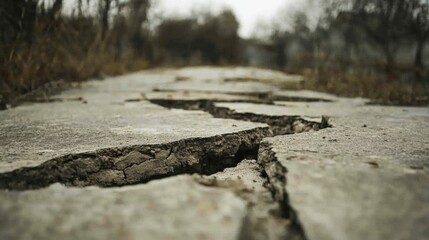 Cracked pavement path showing ground damage.