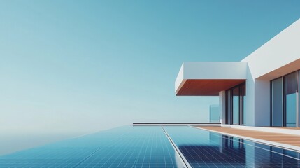 An infinity pool with a modern luxury villa overlooking a stunning ocean view under a clear blue sky.