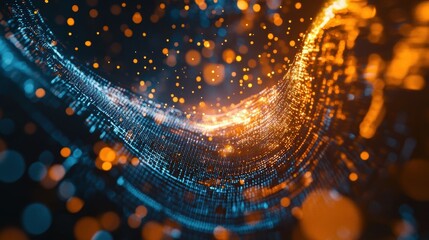 Wavy abstract digital particles flow and glow against a dark background, creating a vibrant and futuristic atmosphere reminiscent of advanced technology and cyberspace