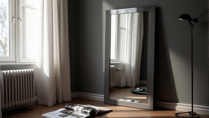 A stylish long mirror in a sleek silver frame rests elegantly on a dark gray wall, reflecting serene white windows draped in soft curtains, alongside a subtle white radiator below