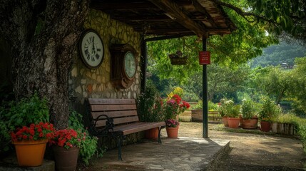 Obraz premium A rustic garden patio with colorful potted plants, wooden benches, and a charming countryside vibe.