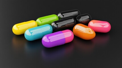 Abstract color pills on black background. Medicine and illness concept. 3D Rendering