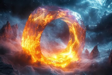 Obraz premium crystalline prism ring floating in space emanating iridescent light waves through cosmic dust clouds ethereal nebula colors swirl in deep space