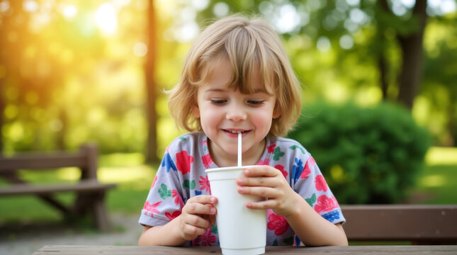 Young child drinking with straw outdoors for use in advertisements and promotional materials related to children's drinks, outdoor activities, and family-friendly products