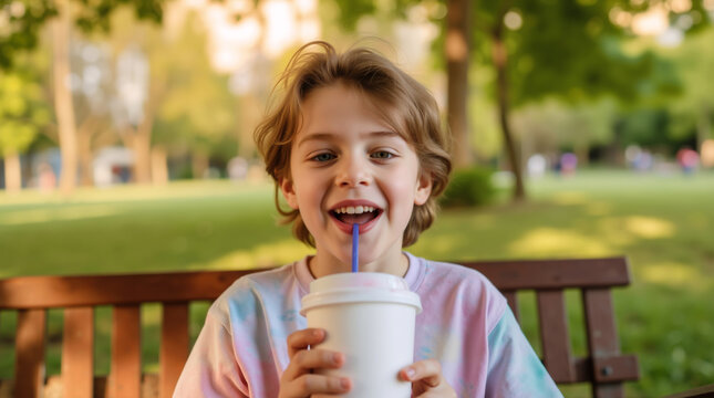 Young child drinking with straw outdoors for use in advertisements and promotional materials related to children's drinks, outdoor activities, and family-friendly products