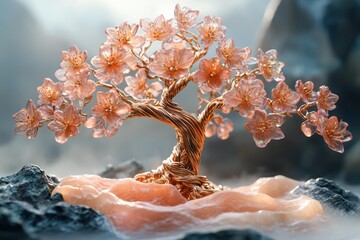 crystalline tree of life rose gold branches with opal blossoms misty mountain backdrop ethereal lighting