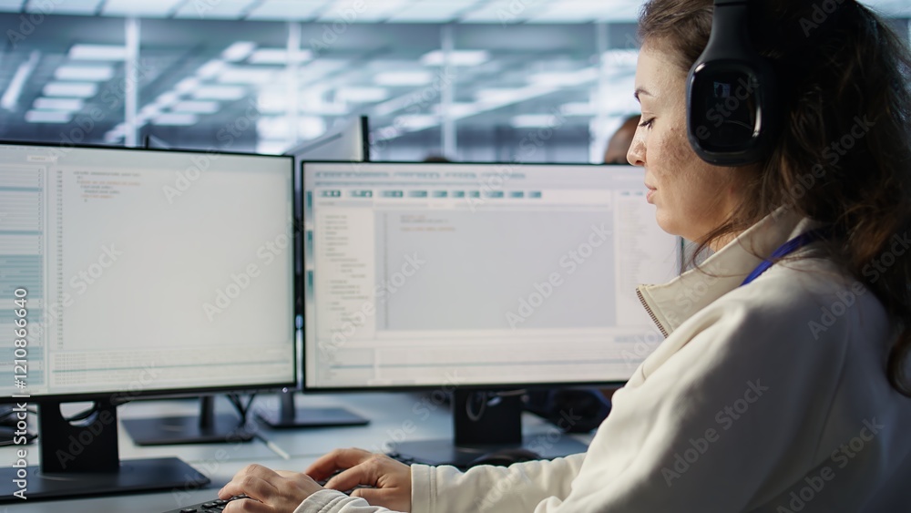 Poster engineer typing on computer in server hub, checking recovery plan, monitoring data center energy con