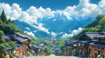 Obraz premium Serene Japanese Village Mountain View