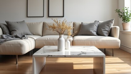Elegant white marble coffee table paired with a plush cream leather sectional, adorned by striking black-and-white striped accents and timeless white vases filled with dried blooms