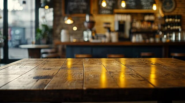 Empty wooden table top with a blurred background of a coffee shop