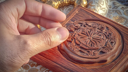 Close-up of a hand opening an intricately carved wooden box.