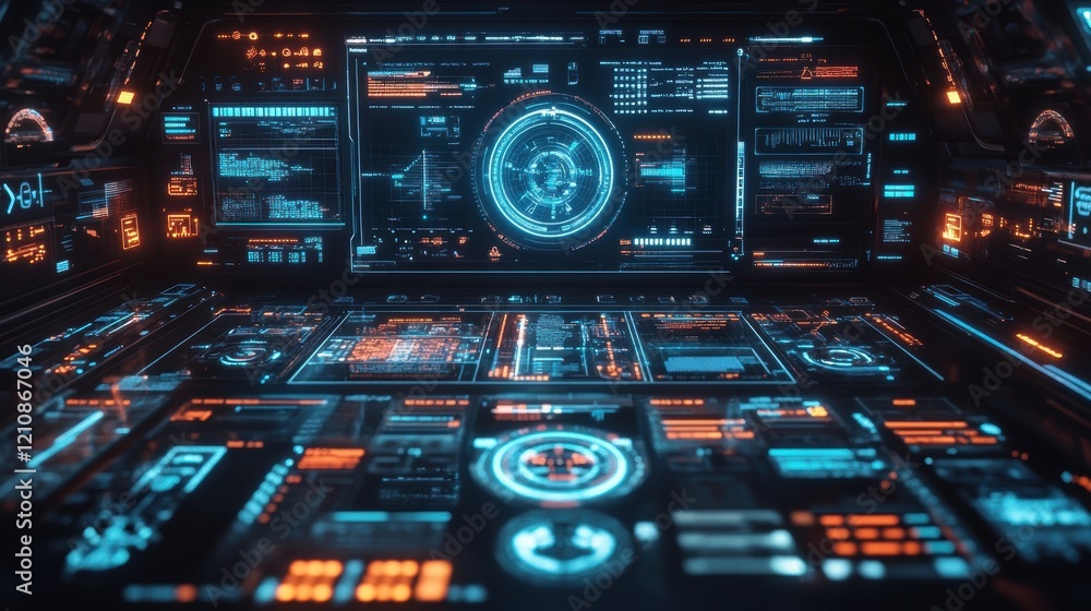 Poster futuristic spaceship cockpit displaying a holographic data analysis interface with graphs and charts